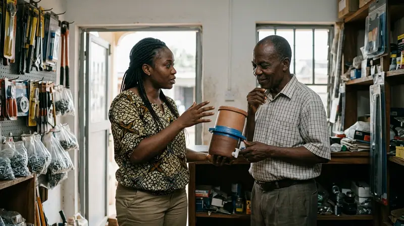 An entrepreneur demonstrating a hardware product prototype to a customer in Yaoundé.