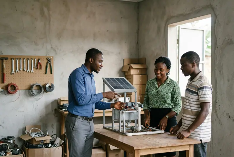 A clean technology startup team gathered around their prototype in their workshop in Yaoundé.
