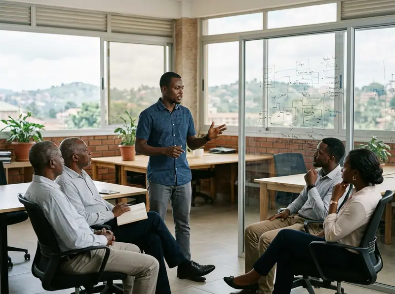A young entrepreneur presenting milestone progress to mentors in a modern workspace.